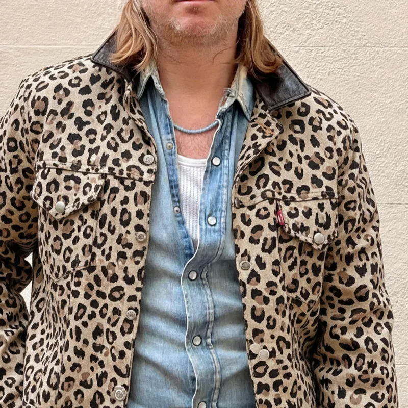 Men's Vintage Leopard Print Faux Suede With PU Lapel Jacket MTA2659I7X sold by Manly product image thumbnail 2