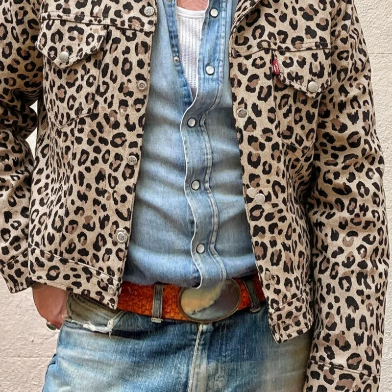 Men's Vintage Leopard Print Faux Suede With PU Lapel Jacket MTA2659I7X sold by Manly product image thumbnail 3