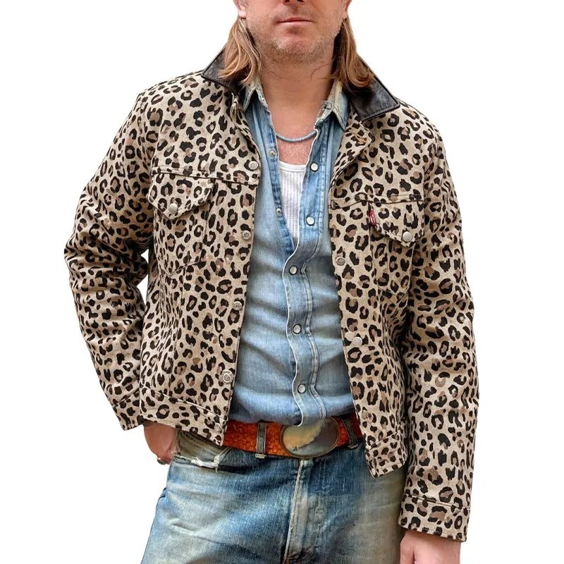 Men's Vintage Leopard Print Faux Suede With PU Lapel Jacket MTA2659I7X sold by Manly