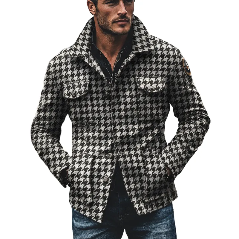 Men's Houndstooth Jacquard Lapel Multi-Pocket Jacket MTA2417I0X sold by Manly