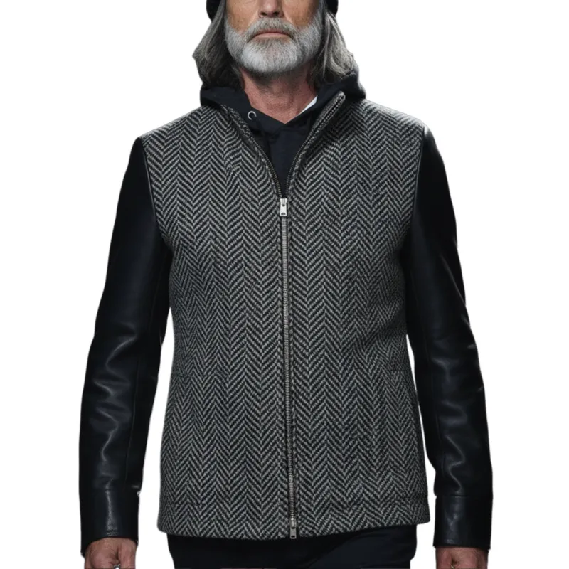 Men's Classic Retro Sleeves Stitching PU Leather Stand Collar Faux Herringbone Woolen Jacket MTA2858I3K sold by Manly