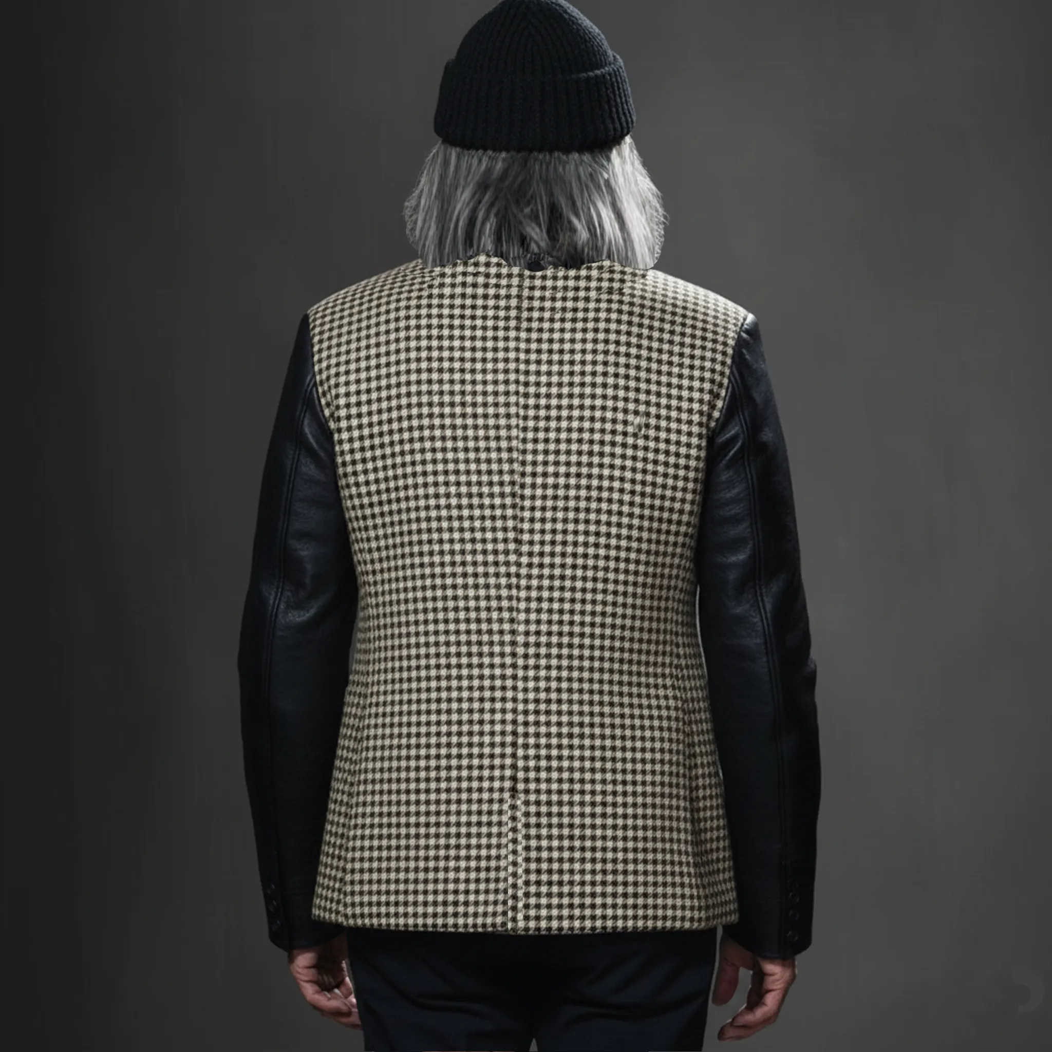 Men's Classic Retro Sleeves Stitching PU Leather Stand Collar Faux Houndstooth Woolen Jacket MTA2850I6K sold by Manly product image thumbnail 4