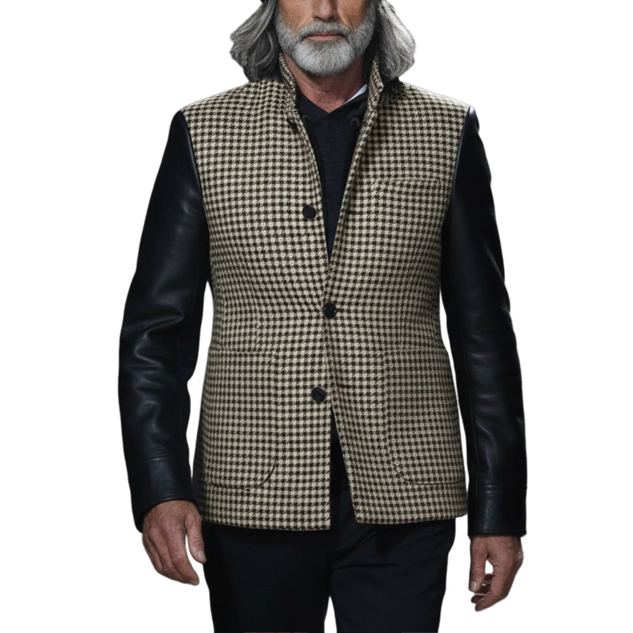 Men's Classic Retro Sleeves Stitching PU Leather Stand Collar Faux Houndstooth Woolen Jacket MTA2850I6K sold by Manly
