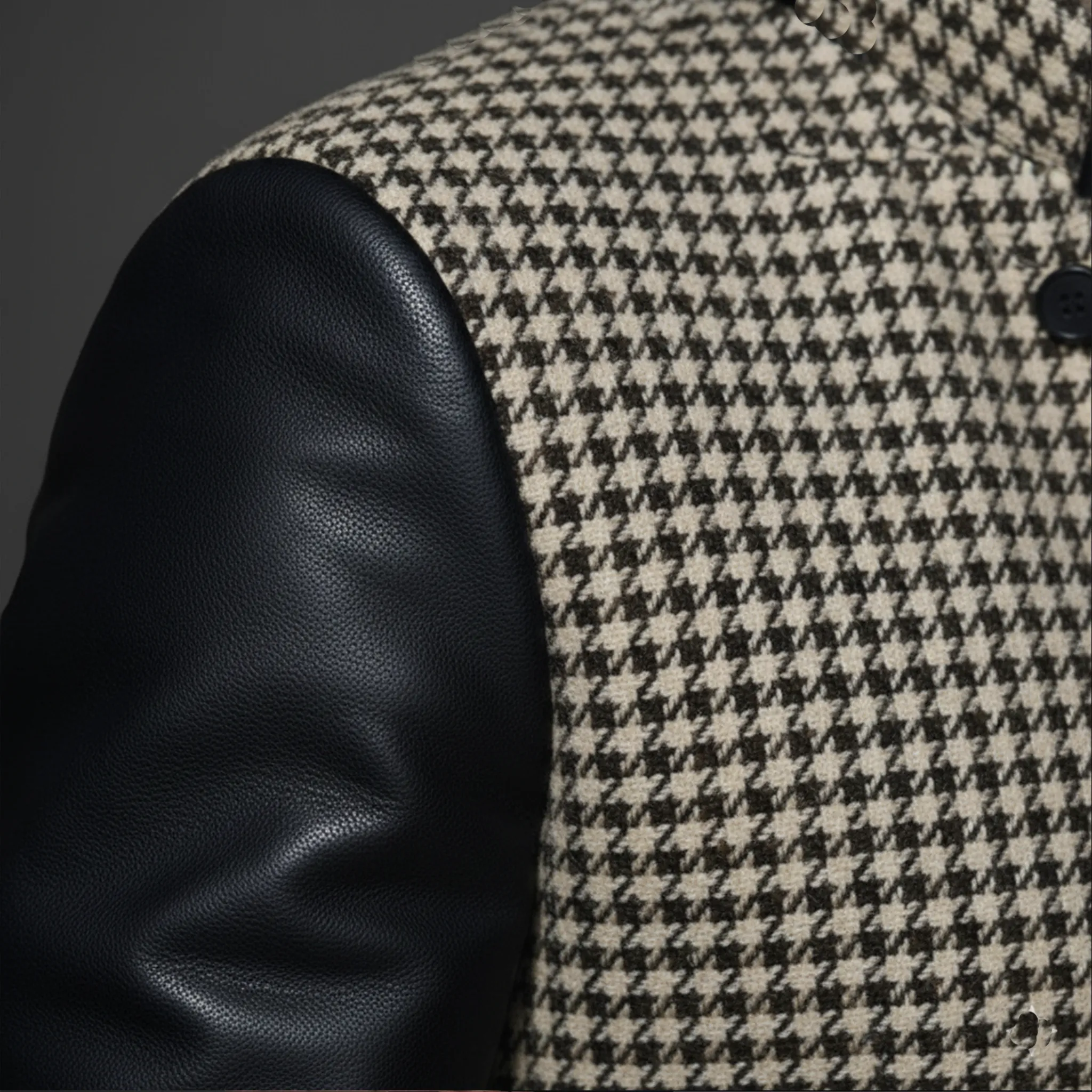 Men's Classic Retro Sleeves Stitching PU Leather Stand Collar Faux Houndstooth Woolen Jacket MTA2850I6K sold by Manly product image thumbnail 5