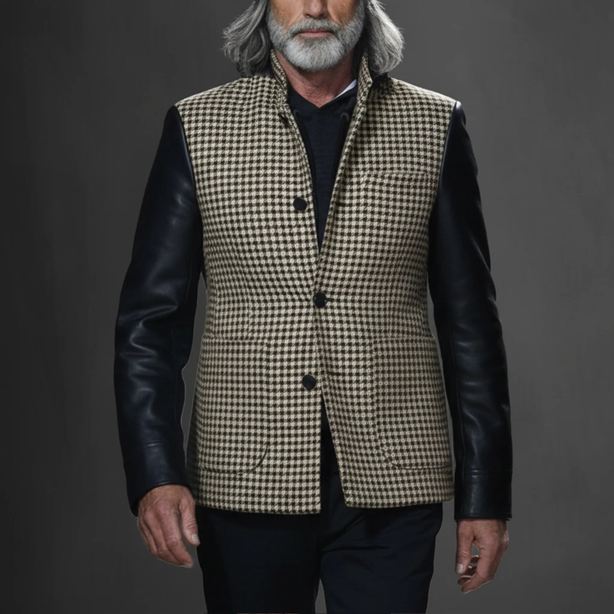 Men's Classic Retro Sleeves Stitching PU Leather Stand Collar Faux Houndstooth Woolen Jacket MTA2850I6K sold by Manly product image thumbnail 2