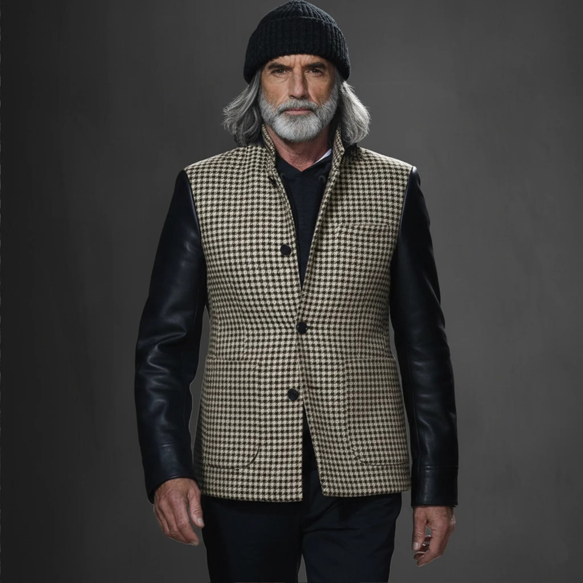 Men's Classic Retro Sleeves Stitching PU Leather Stand Collar Faux Houndstooth Woolen Jacket MTA2850I6K sold by Manly product image thumbnail 3