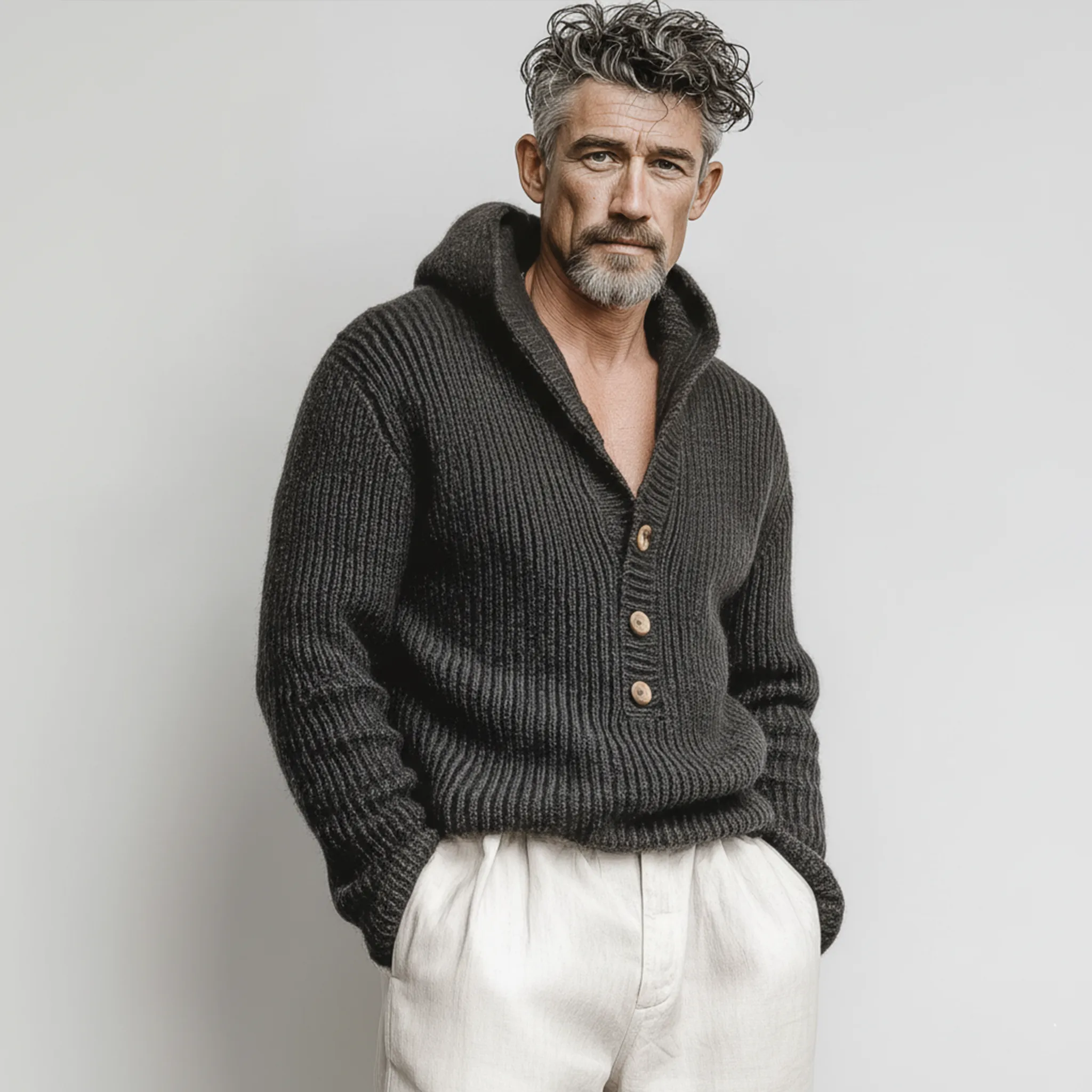 Men's Classic Casual Hooded Henley Collar Loose Sweater MTA2832I6K sold by Manly product image thumbnail 5