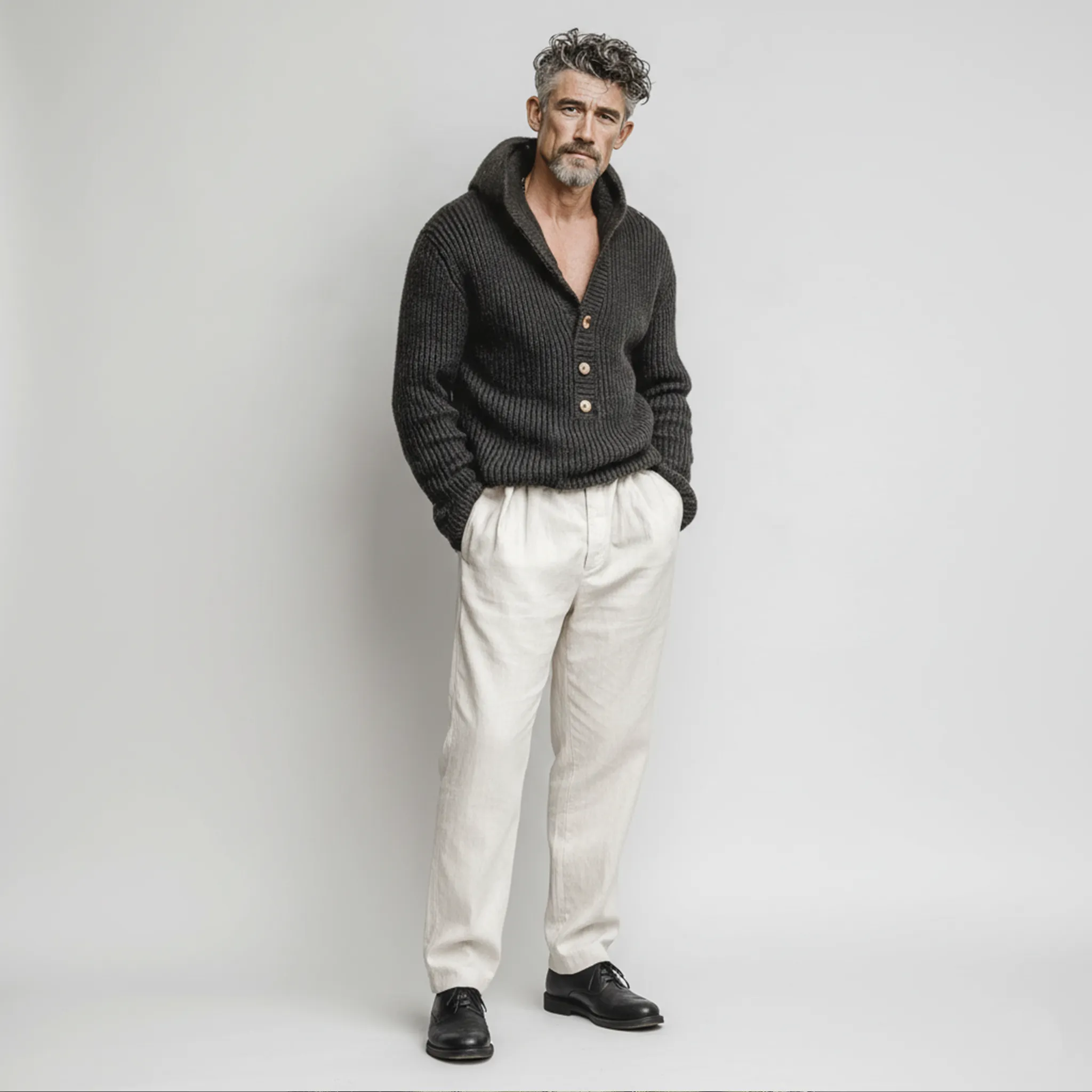 Men's Classic Casual Hooded Henley Collar Loose Sweater MTA2832I6K sold by Manly product image thumbnail 4