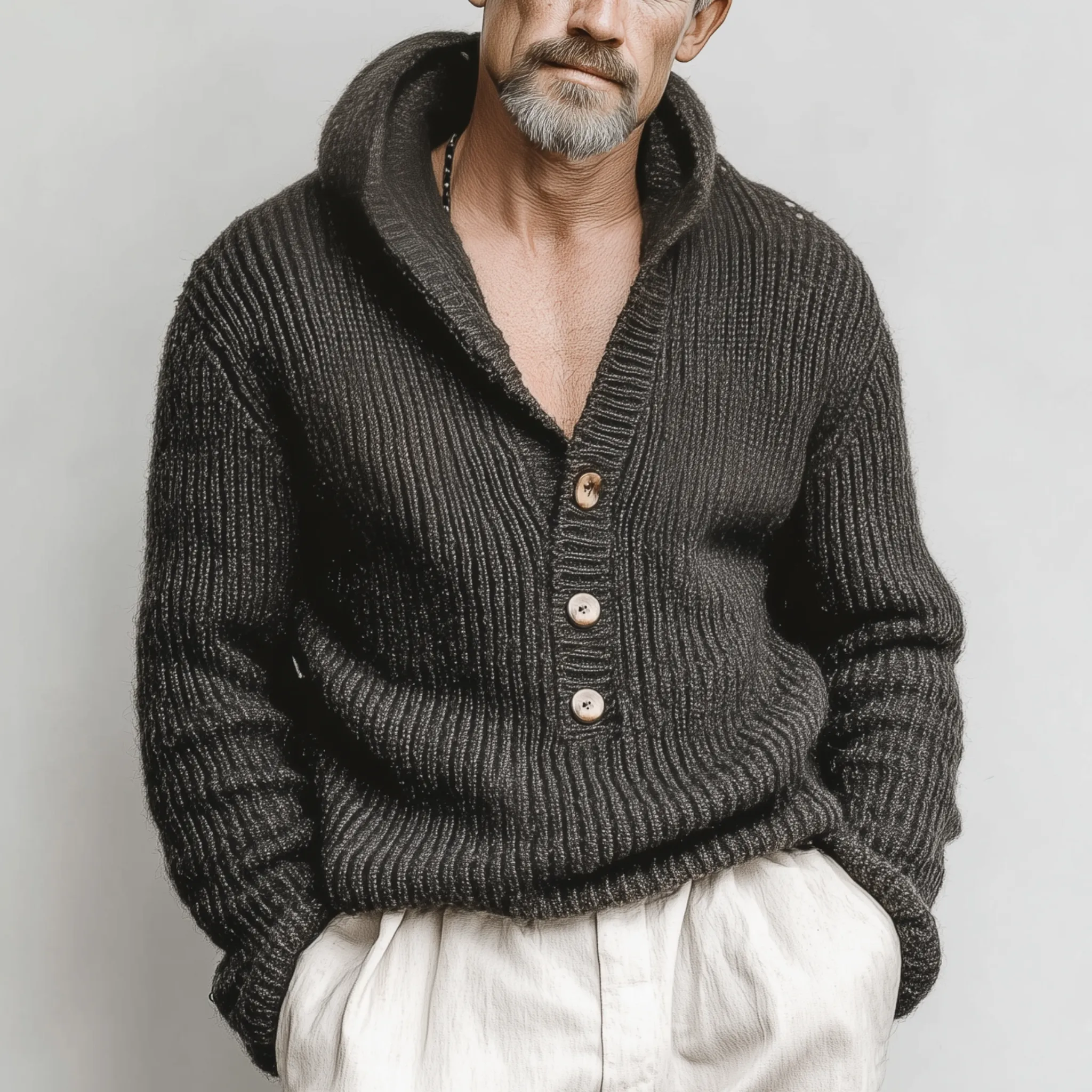 Men's Classic Casual Hooded Henley Collar Loose Sweater MTA2832I6K sold by Manly product image thumbnail 2