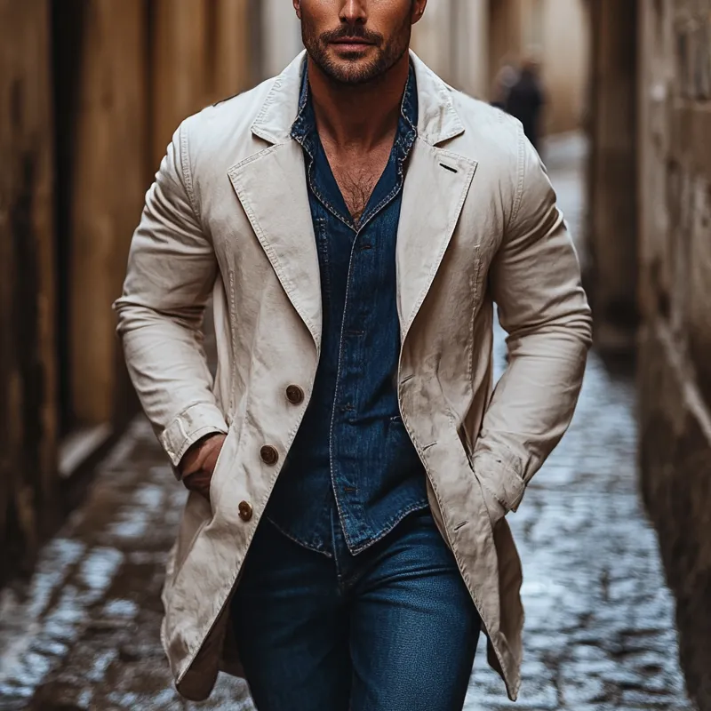 Men's Solid Color Cotton Lapel Single-breasted Mid-length Trench Coat MTA2804I1X sold by Manly product image thumbnail 3