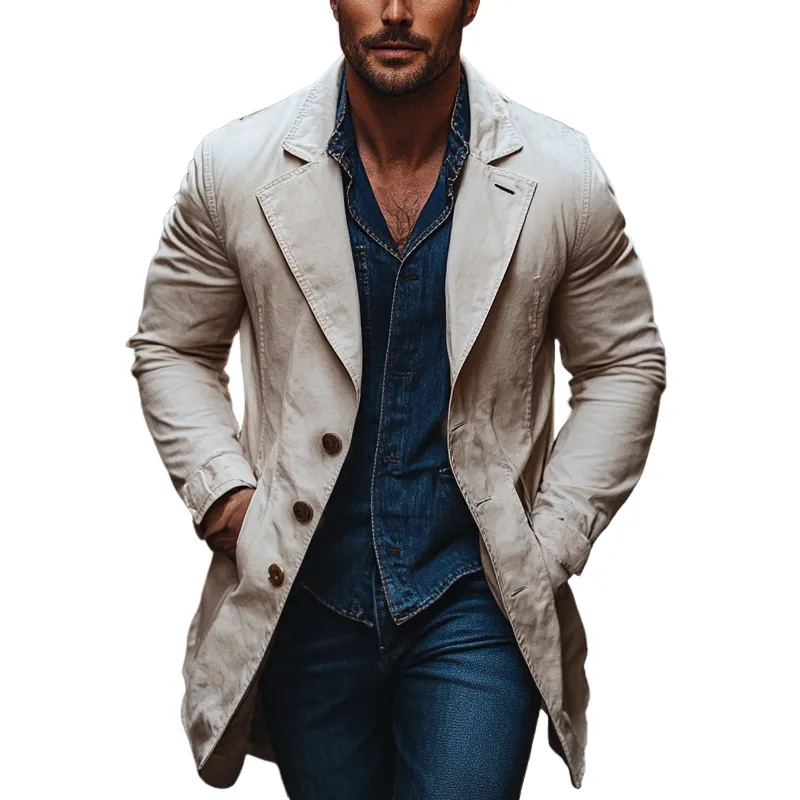 Men's Solid Color Cotton Lapel Single-breasted Mid-length Trench Coat MTA2804I1X sold by Manly