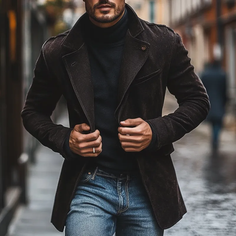 Men's Slim-fit Lapel Faux Suede Single-breasted Mid-length Coat MTA2826I1X sold by Manly product image thumbnail 2