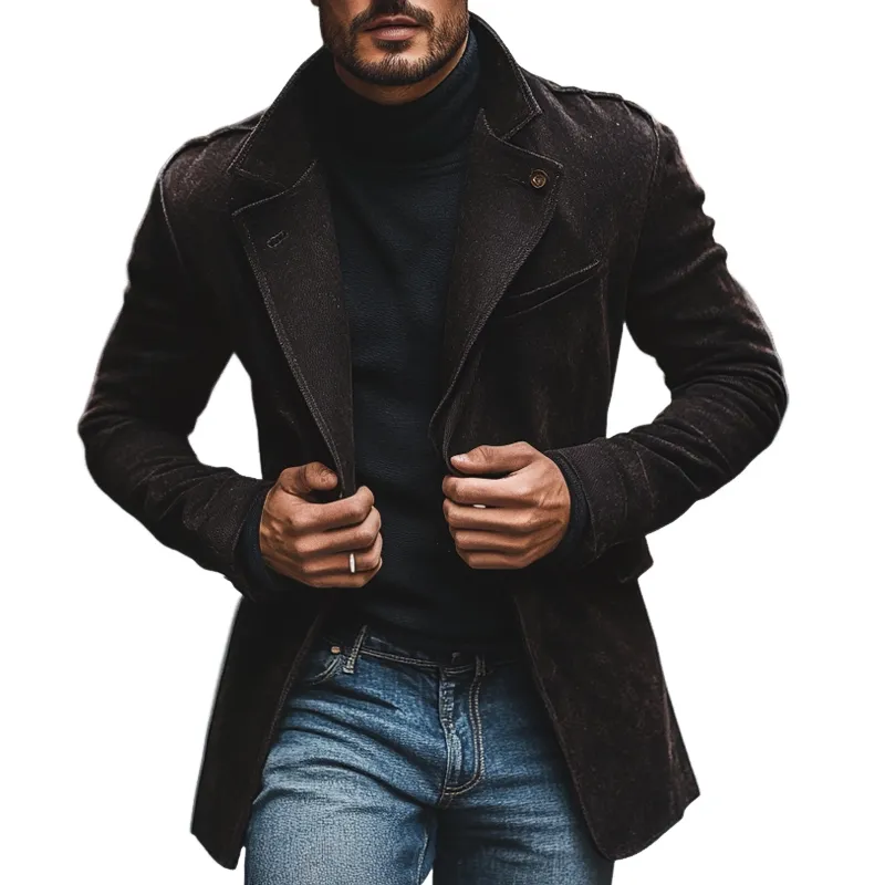 Men's Slim-fit Lapel Faux Suede Single-breasted Mid-length Coat MTA2826I1X sold by Manly