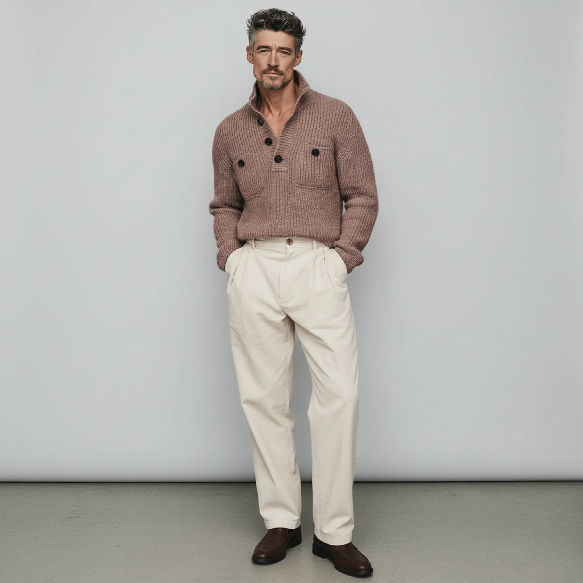 Men's Classic Casual Pink Stand Collar Double Pocket Loose Sweater MTA2824I0K sold by Manly product image thumbnail 4