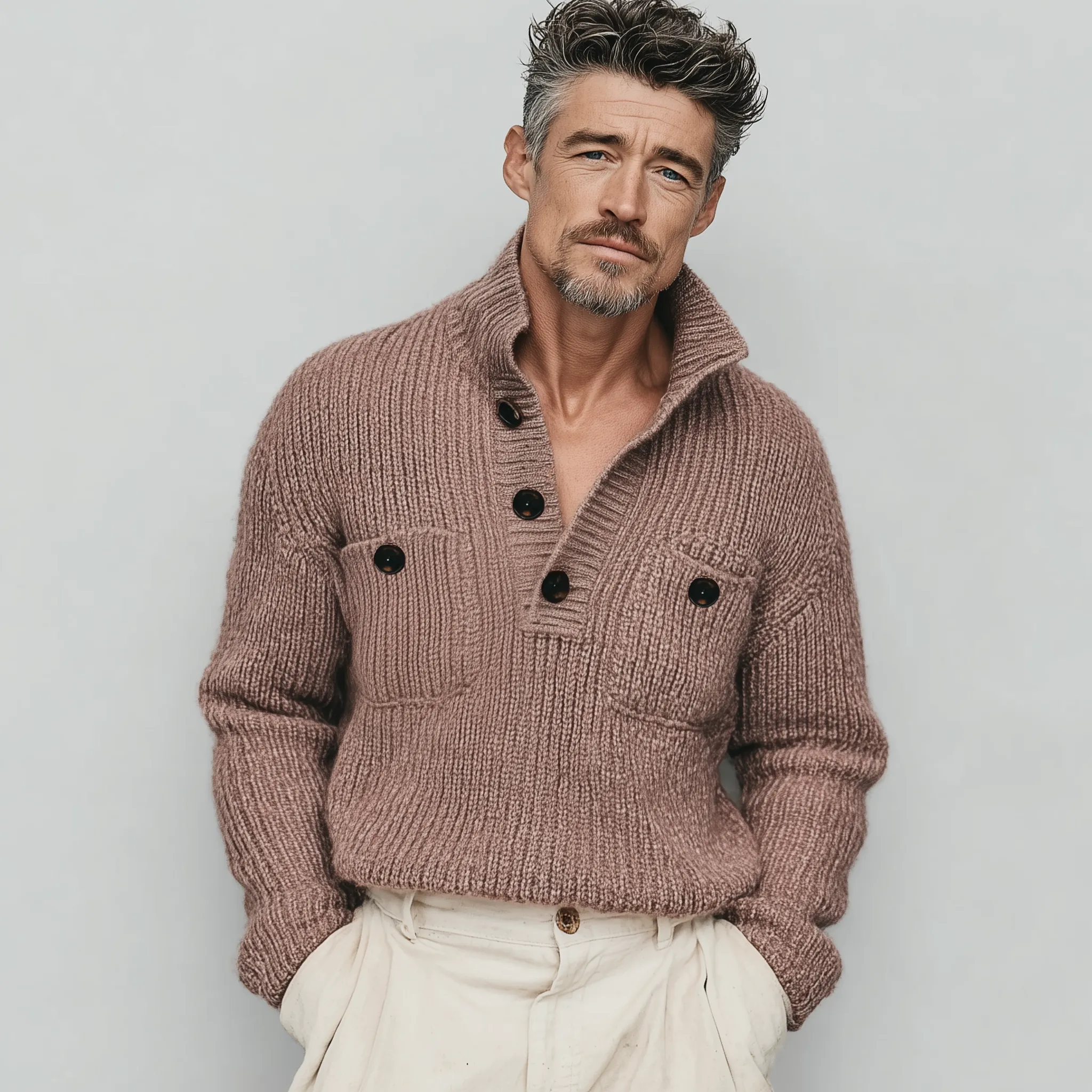 Men's Classic Casual Pink Stand Collar Double Pocket Loose Sweater MTA2824I0K sold by Manly product image thumbnail 3