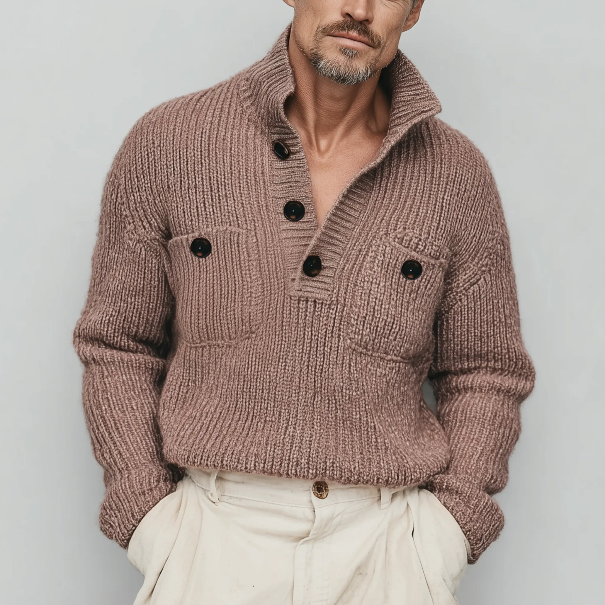 Men's Classic Casual Pink Stand Collar Double Pocket Loose Sweater MTA2824I0K sold by Manly product image thumbnail 2