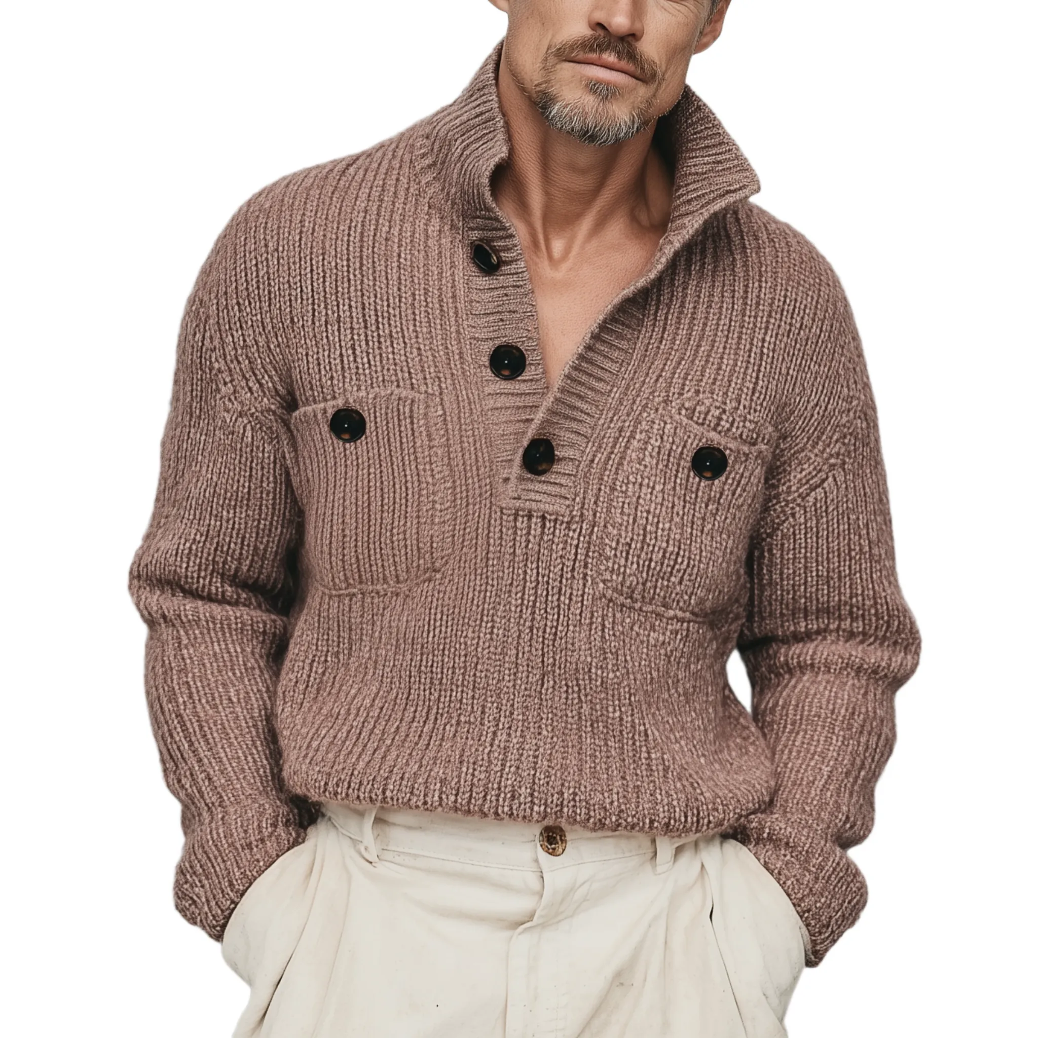 Men's Classic Casual Pink Stand Collar Double Pocket Loose Sweater MTA2824I0K sold by Manly