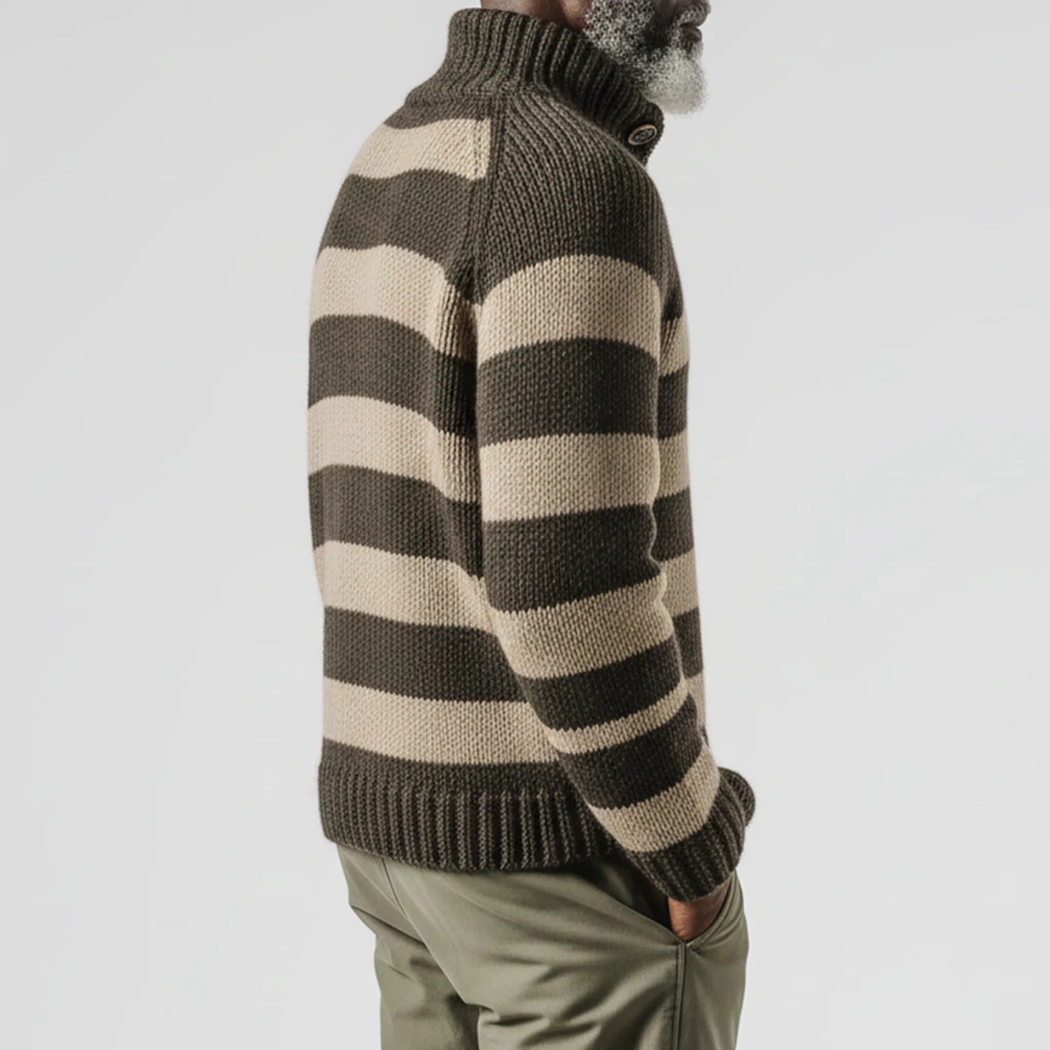 Men's Classic Casual Contrast Color Horizontal Striped Stand Collar Button Loose Sweater MTA2859I5K sold by Manly product image thumbnail 4