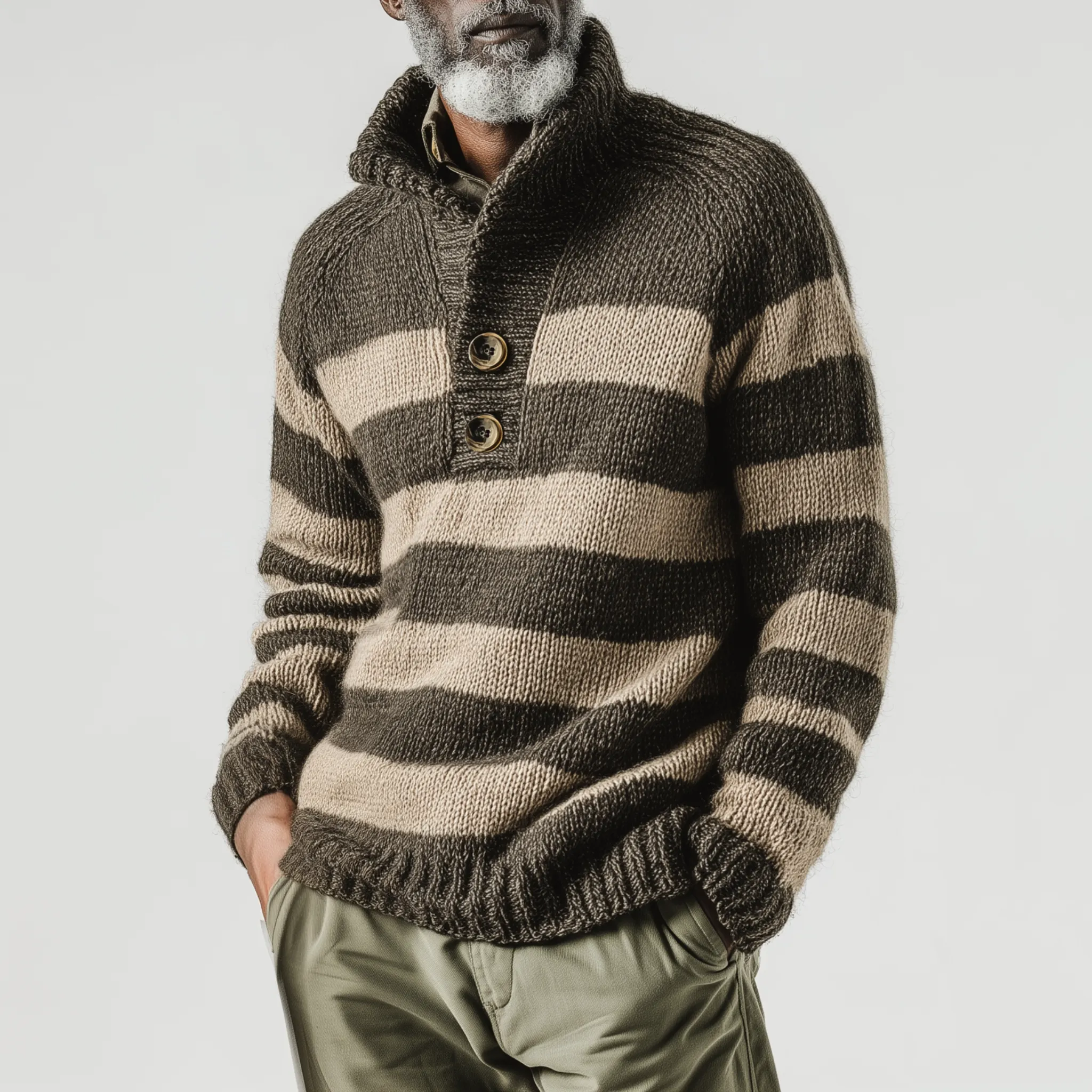 Men's Classic Casual Contrast Color Horizontal Striped Stand Collar Button Loose Sweater MTA2859I5K sold by Manly product image thumbnail 2