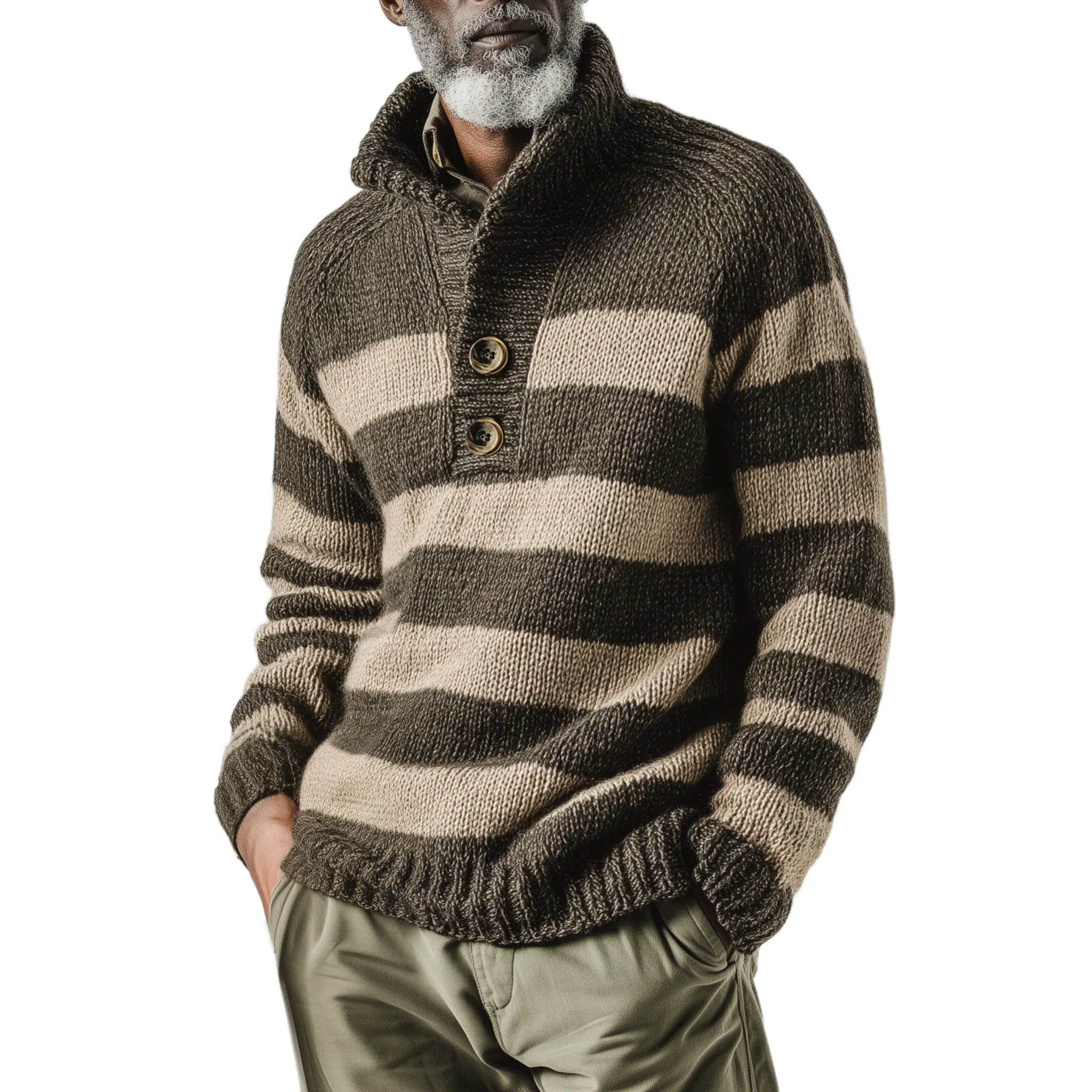 Men's Classic Casual Contrast Color Horizontal Striped Stand Collar Button Loose Sweater MTA2859I5K sold by Manly