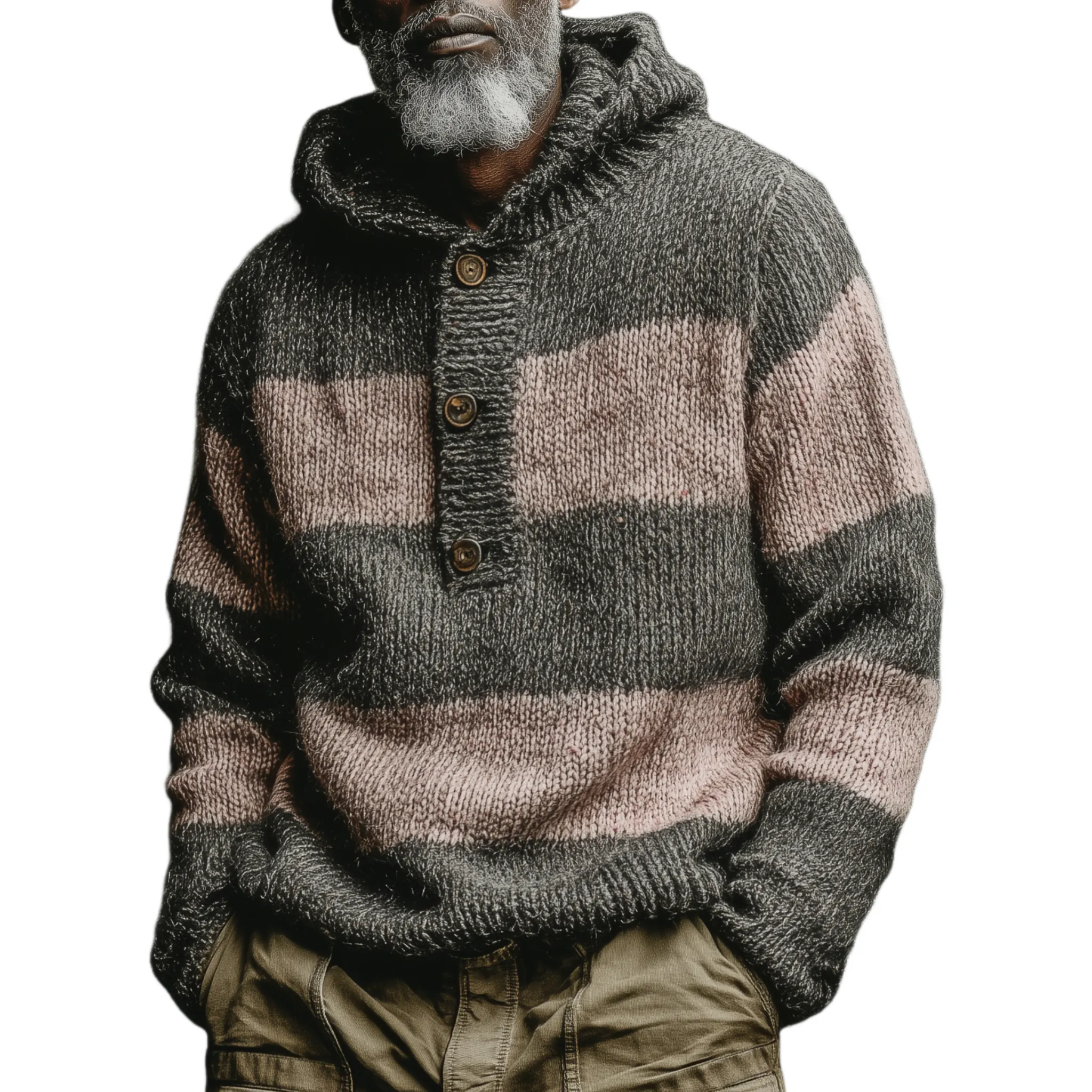 Men's Classic Casual Pink And Grey Horizontal Striped Hooded Loose-Fit Sweater MTA2800I9K sold by Manly