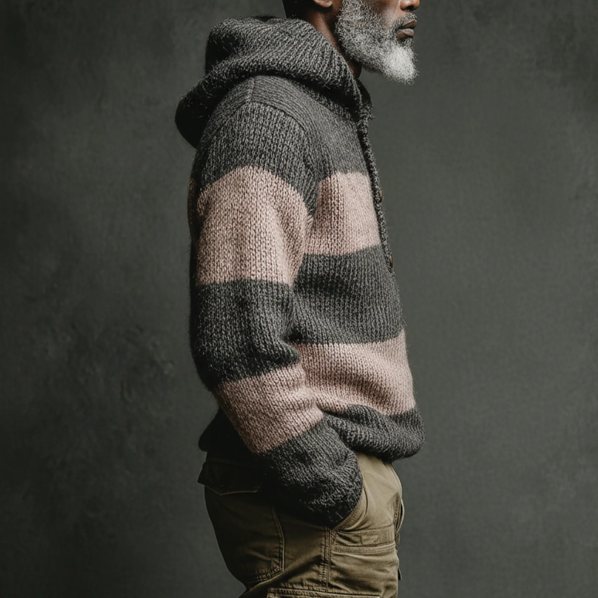 Men's Classic Casual Pink And Grey Horizontal Striped Hooded Loose-Fit Sweater MTA2800I9K sold by Manly product image thumbnail 5