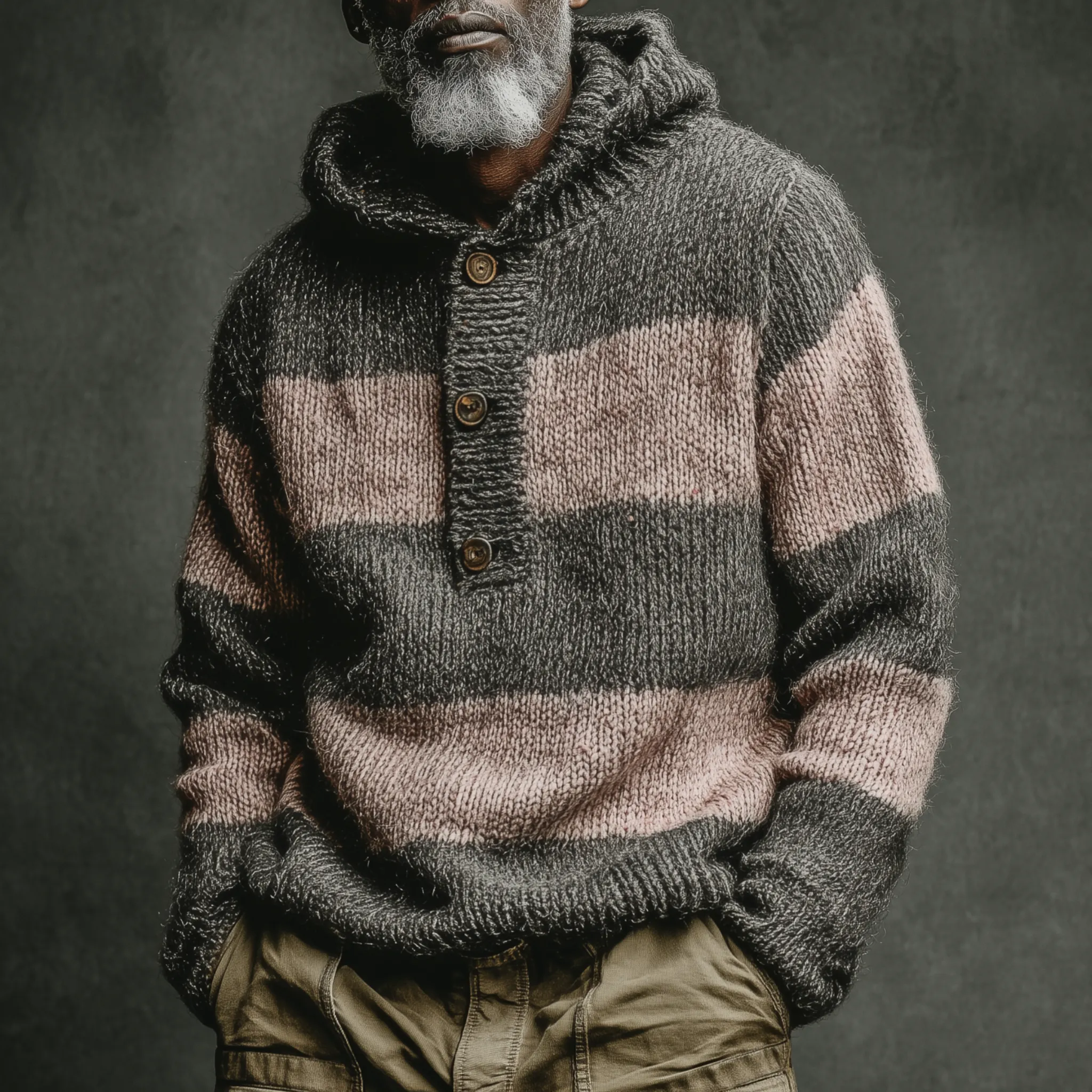 Men's Classic Casual Pink And Grey Horizontal Striped Hooded Loose-Fit Sweater MTA2800I9K sold by Manly product image thumbnail 2