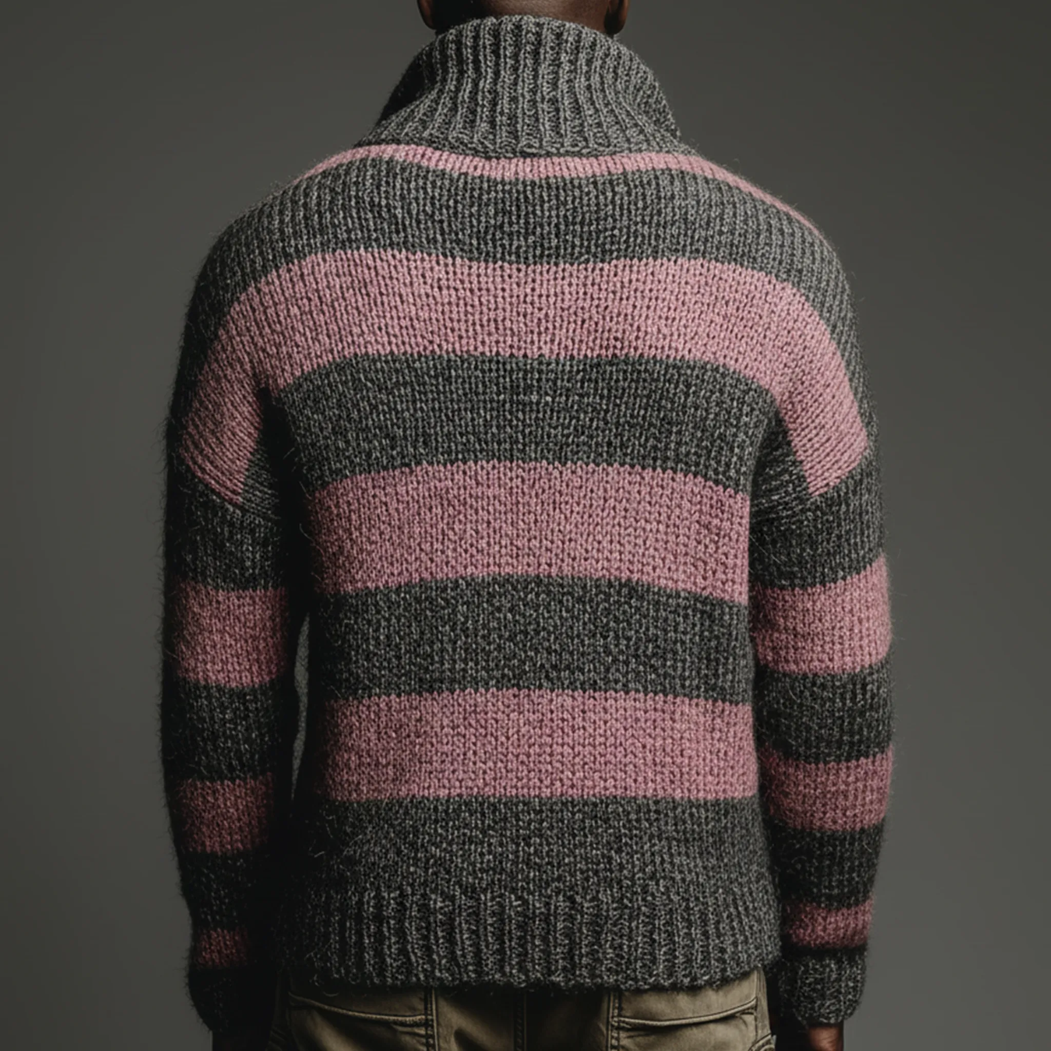 Men's Classic Casual Pink And Gray Horizontal Striped Stand Collar Loose Sweater MTA2829I6K sold by Manly product image thumbnail 4