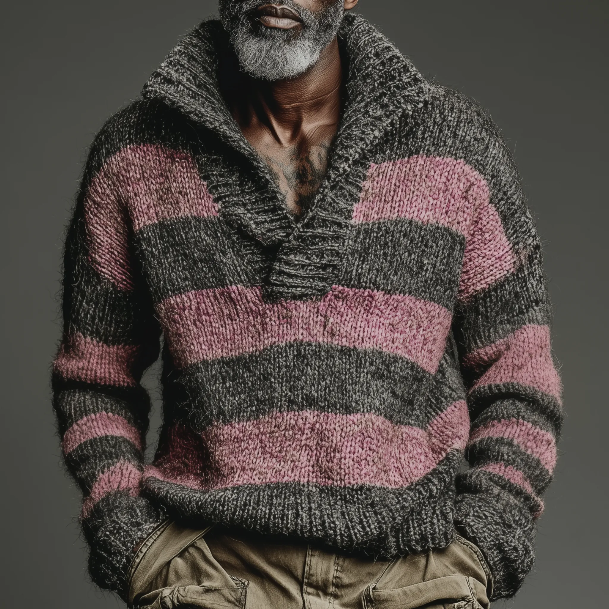 Men's Classic Casual Pink And Gray Horizontal Striped Stand Collar Loose Sweater MTA2829I6K sold by Manly product image thumbnail 2