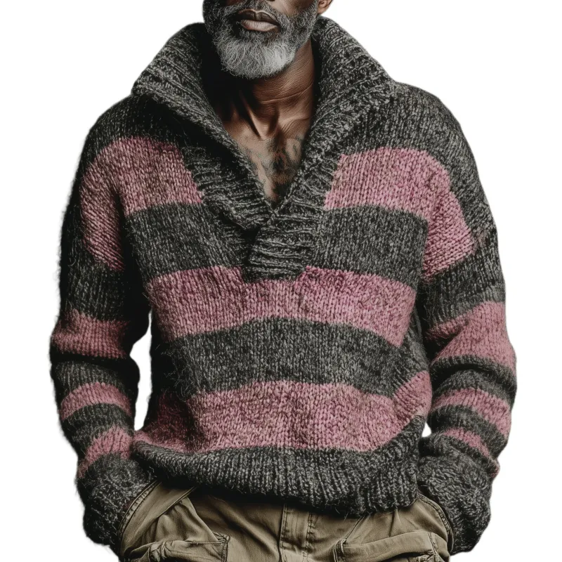 Men's Classic Casual Pink And Gray Horizontal Striped Stand Collar Loose Sweater MTA2829I6K sold by Manly