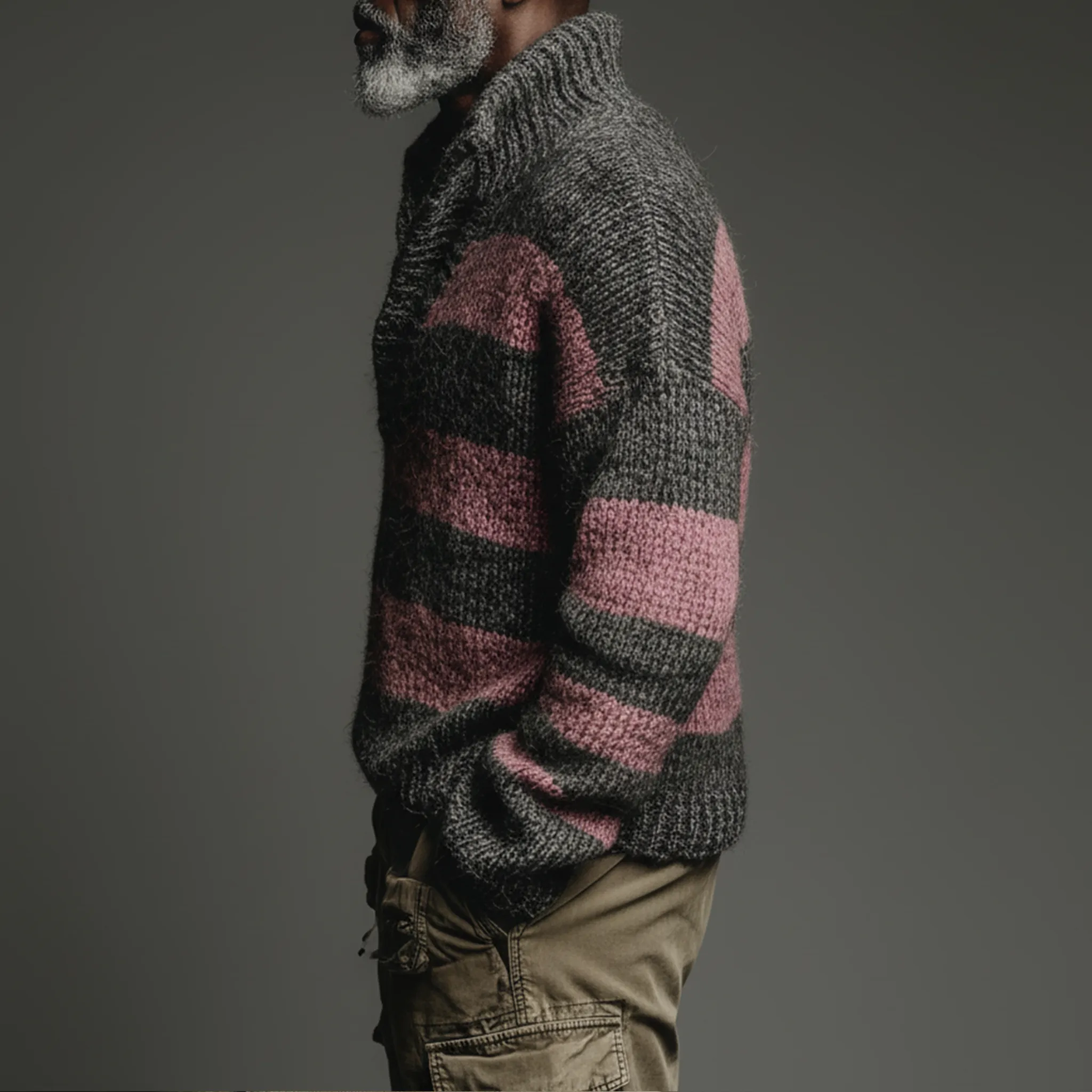 Men's Classic Casual Pink And Gray Horizontal Striped Stand Collar Loose Sweater MTA2829I6K sold by Manly product image thumbnail 5