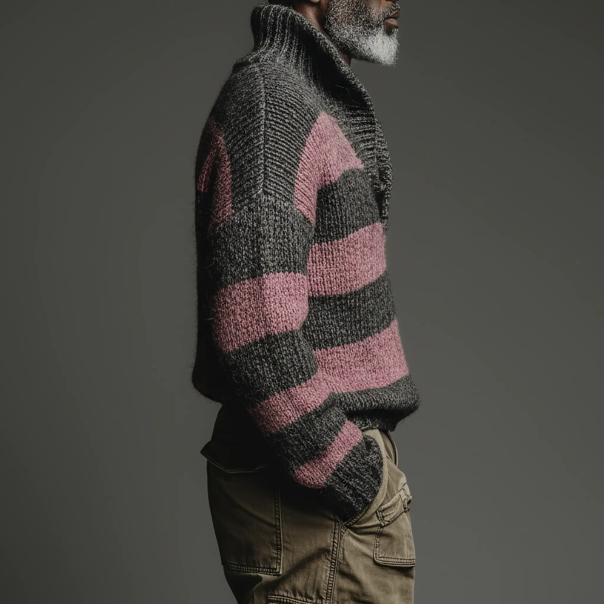 Men's Classic Casual Pink And Gray Horizontal Striped Stand Collar Loose Sweater MTA2829I6K sold by Manly product image thumbnail 3