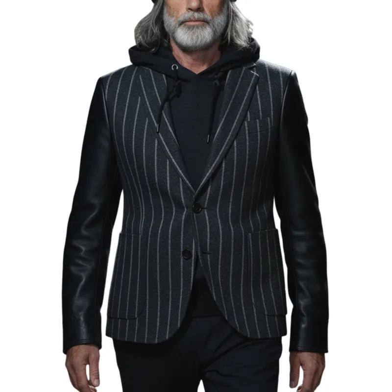 Men's Classic Retro Sleeves Stitching PU Leather Single-breasted Faux Woolen Blazer MTA2803I8K sold by Manly