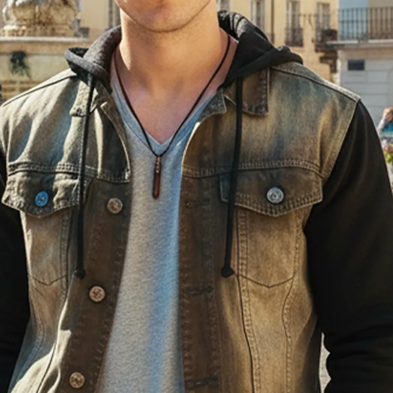 Men's Vintage Washed Denim Patchwork Hooded Jacket MTA1784I2U sold by Manly product image thumbnail 4