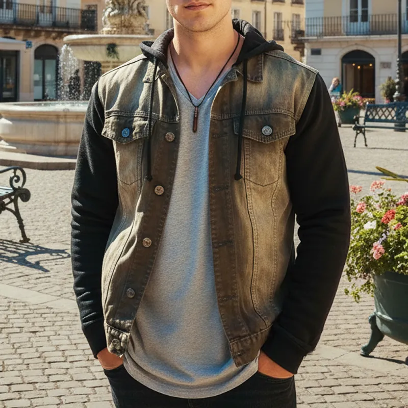 Men's Vintage Washed Denim Patchwork Hooded Jacket MTA1784I2U sold by Manly product image thumbnail 2