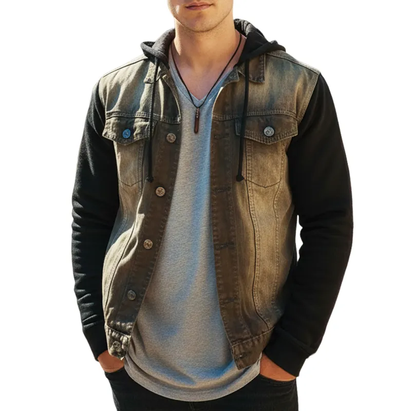 Men's Vintage Washed Denim Patchwork Hooded Jacket MTA1784I2U sold by Manly