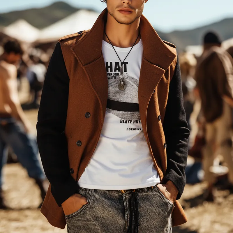 Men's Winter Fashion Patchwork Sleeves Faux Wool Double-breasted Coat MTA2845I4P sold by Manly product image thumbnail 2