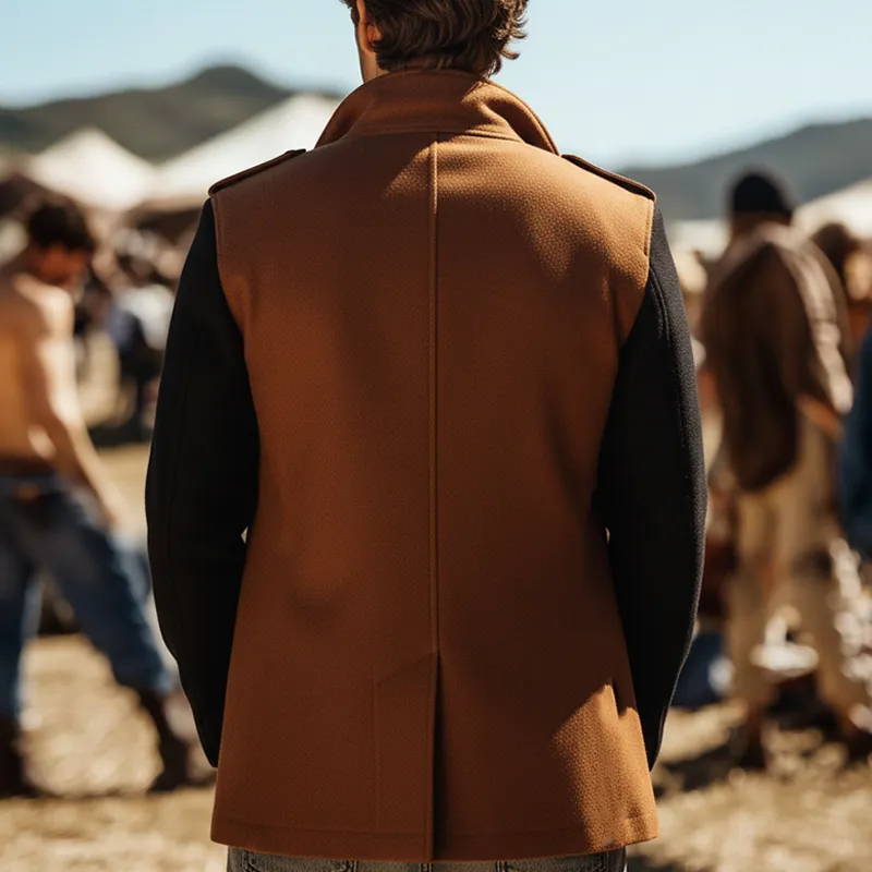 Men's Winter Fashion Patchwork Sleeves Faux Wool Double-breasted Coat MTA2845I4P sold by Manly product image thumbnail 3