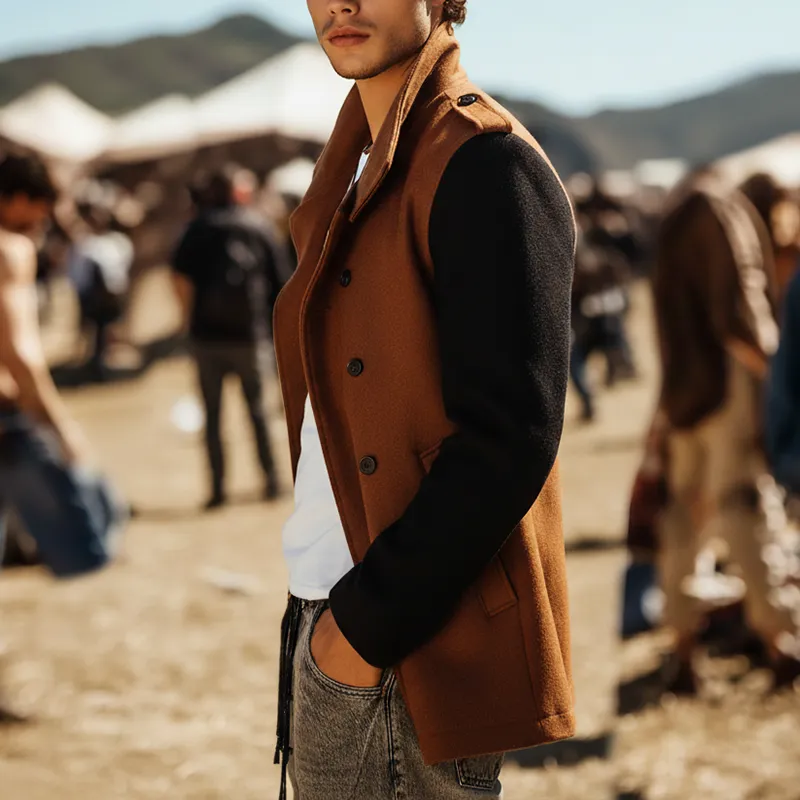 Men's Winter Fashion Patchwork Sleeves Faux Wool Double-breasted Coat MTA2845I4P sold by Manly product image thumbnail 4