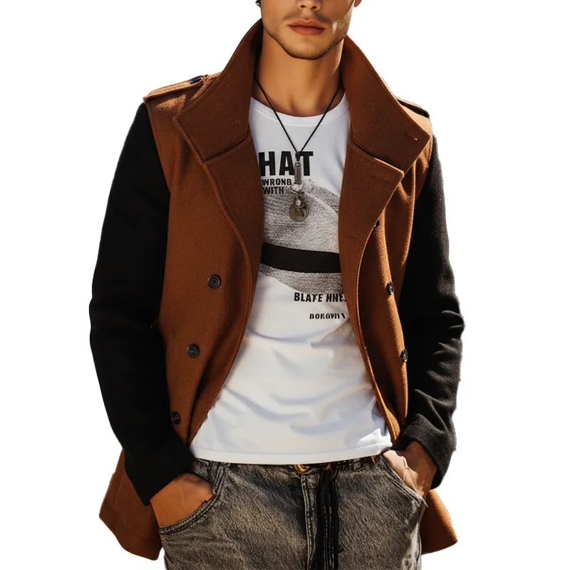 Men's Winter Fashion Patchwork Sleeves Faux Wool Double-breasted Coat MTA2845I4P sold by Manly