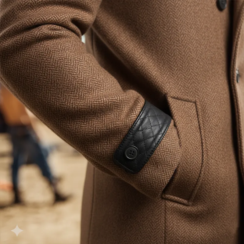 Men's Winter Fashion PU Patchwork Herringbone Faux Wool Double-breasted Mid-length Coat MTA2875I0P sold by Manly product image thumbnail 4