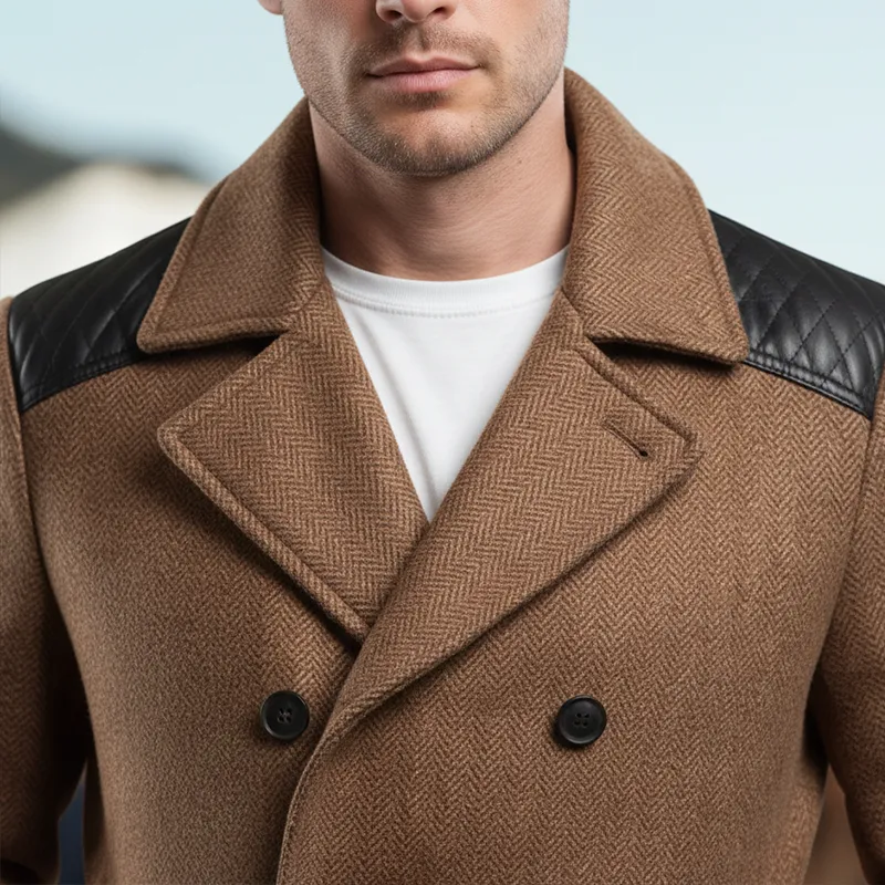 Men's Winter Fashion PU Patchwork Herringbone Faux Wool Double-breasted Mid-length Coat MTA2875I0P sold by Manly product image thumbnail 3