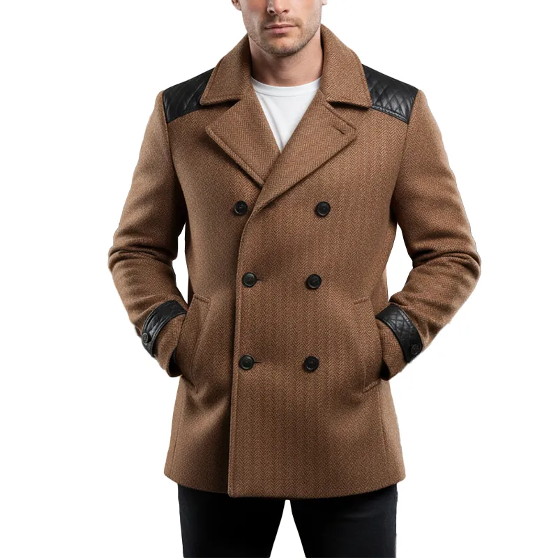 Men's Winter Fashion PU Patchwork Herringbone Faux Wool Double-breasted Mid-length Coat MTA2875I0P sold by Manly