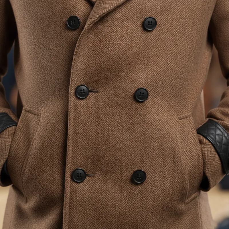 Men's Winter Fashion PU Patchwork Herringbone Faux Wool Double-breasted Mid-length Coat MTA2875I0P sold by Manly product image thumbnail 5