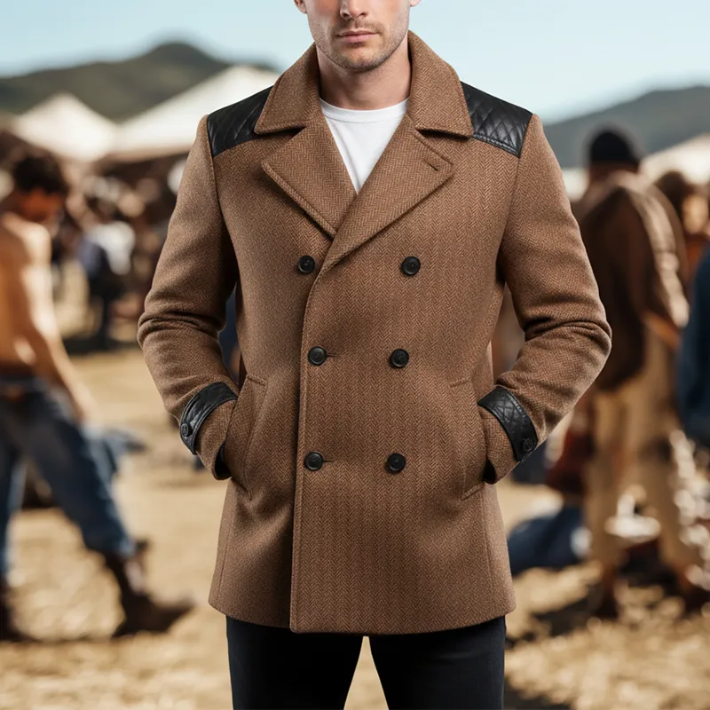 Men's Winter Fashion PU Patchwork Herringbone Faux Wool Double-breasted Mid-length Coat MTA2875I0P sold by Manly product image thumbnail 2