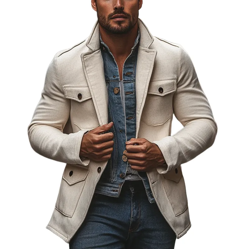 Men's Solid Blend Multi-pocket Button Coat MTA2847I2X sold by Manly