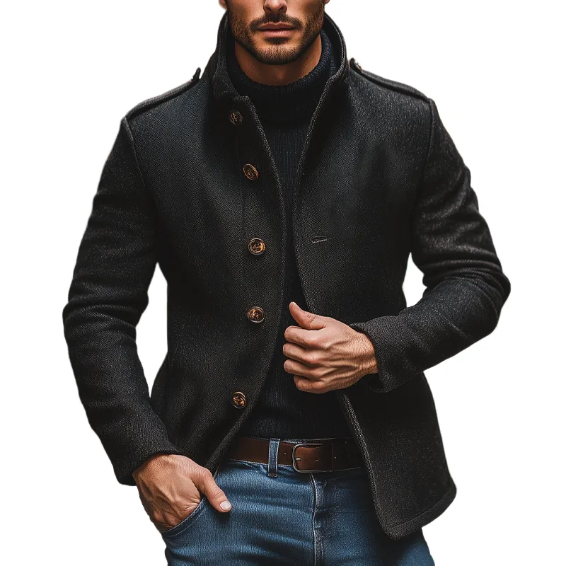 Men's Blended Stand Collar Single-breasted Slim Fit Solid Color Jacket MTA2839I6X sold by Manly