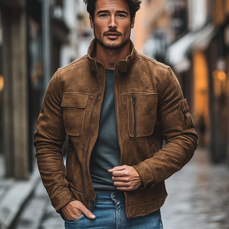 Men's Solid Faux Suede Stand Collar Zip-Up Jacket MTA2803I5X sold by Manly product image thumbnail 4