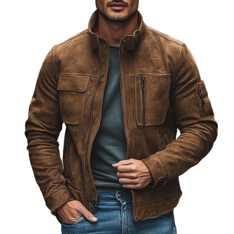 Men's Solid Faux Suede Stand Collar Zip-Up Jacket MTA2803I5X sold by Manly