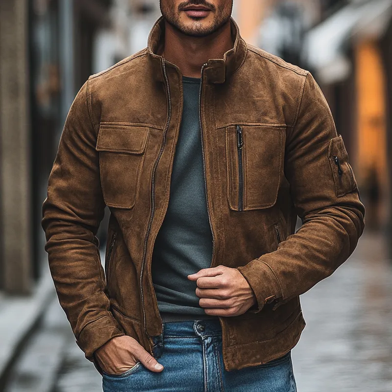 Men's Solid Faux Suede Stand Collar Zip-Up Jacket MTA2803I5X sold by Manly product image thumbnail 2